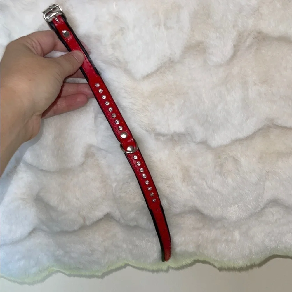 HANDCRAFTED Red Studded small leather collar with glass crystal Rhine stones